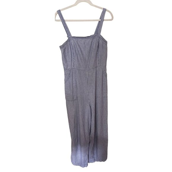 Old Navy Womens Linen Blend Striped Jumpsuit L Blue White Beachy Coastal Resort - Picture 1 of 14